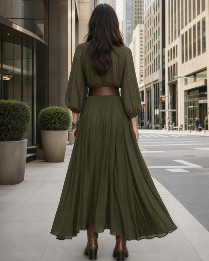 Urban Boho Pleated Shirt Maxi Dress with Wide Leather Belt, Split Thigh Long Dress MVA000200AA