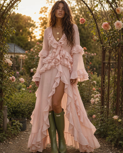 Boho Linen Ruffle V-Neck Bell Sleeve High Slit Maxi Dress MVA000230AA