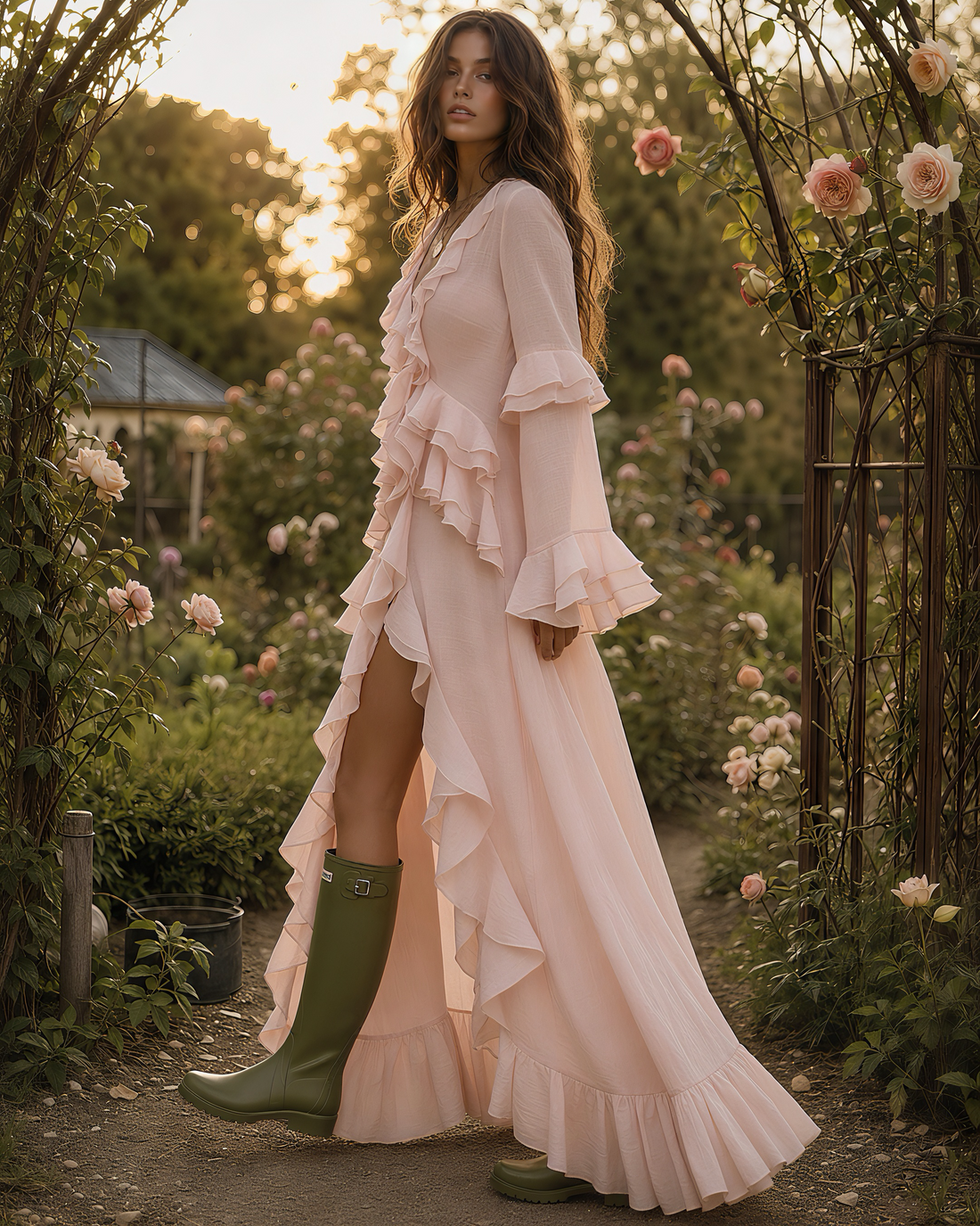 Boho Linen Ruffle V-Neck Bell Sleeve High Slit Maxi Dress MVA000230AA
