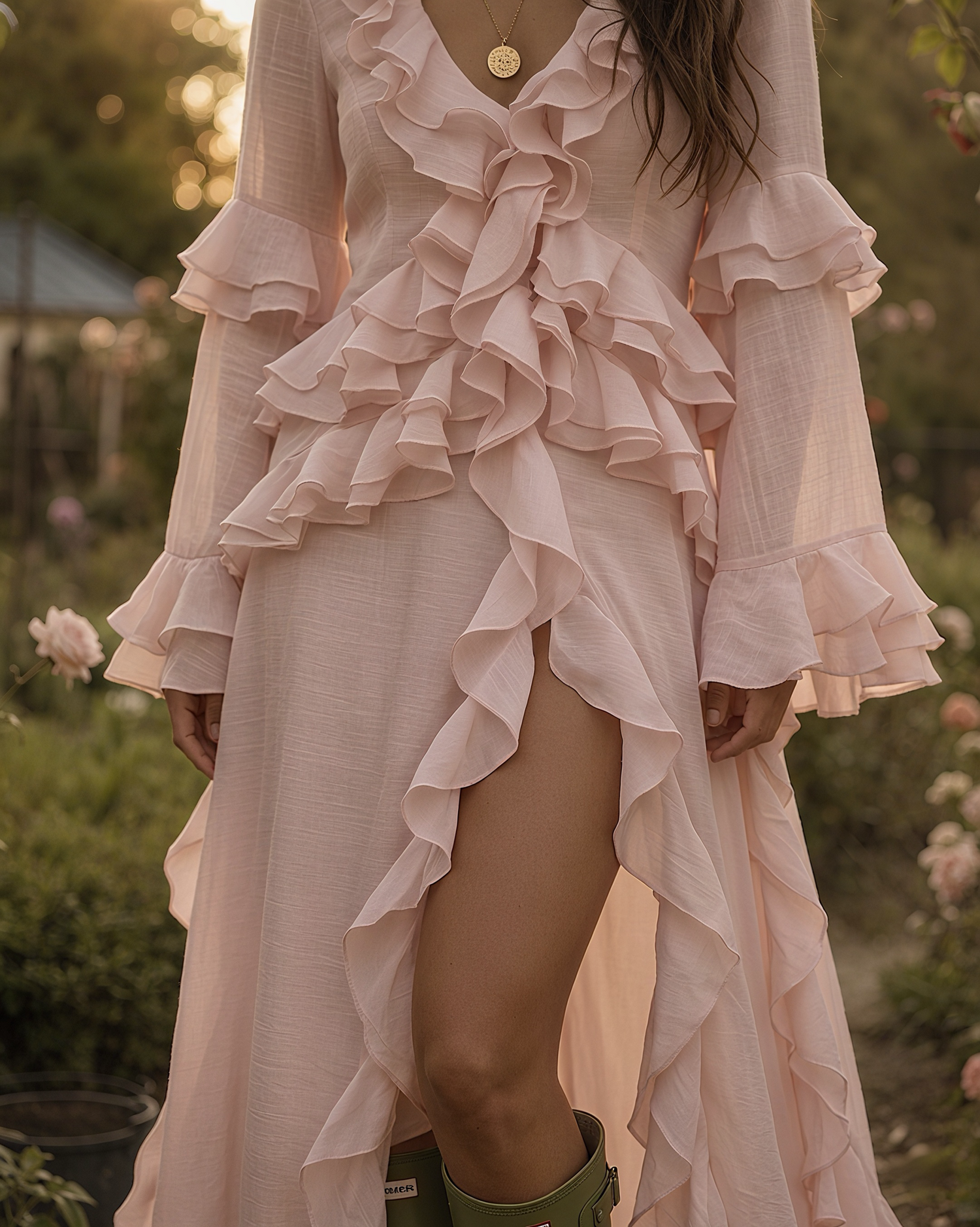 Boho Linen Ruffle V-Neck Bell Sleeve High Slit Maxi Dress MVA000230AA