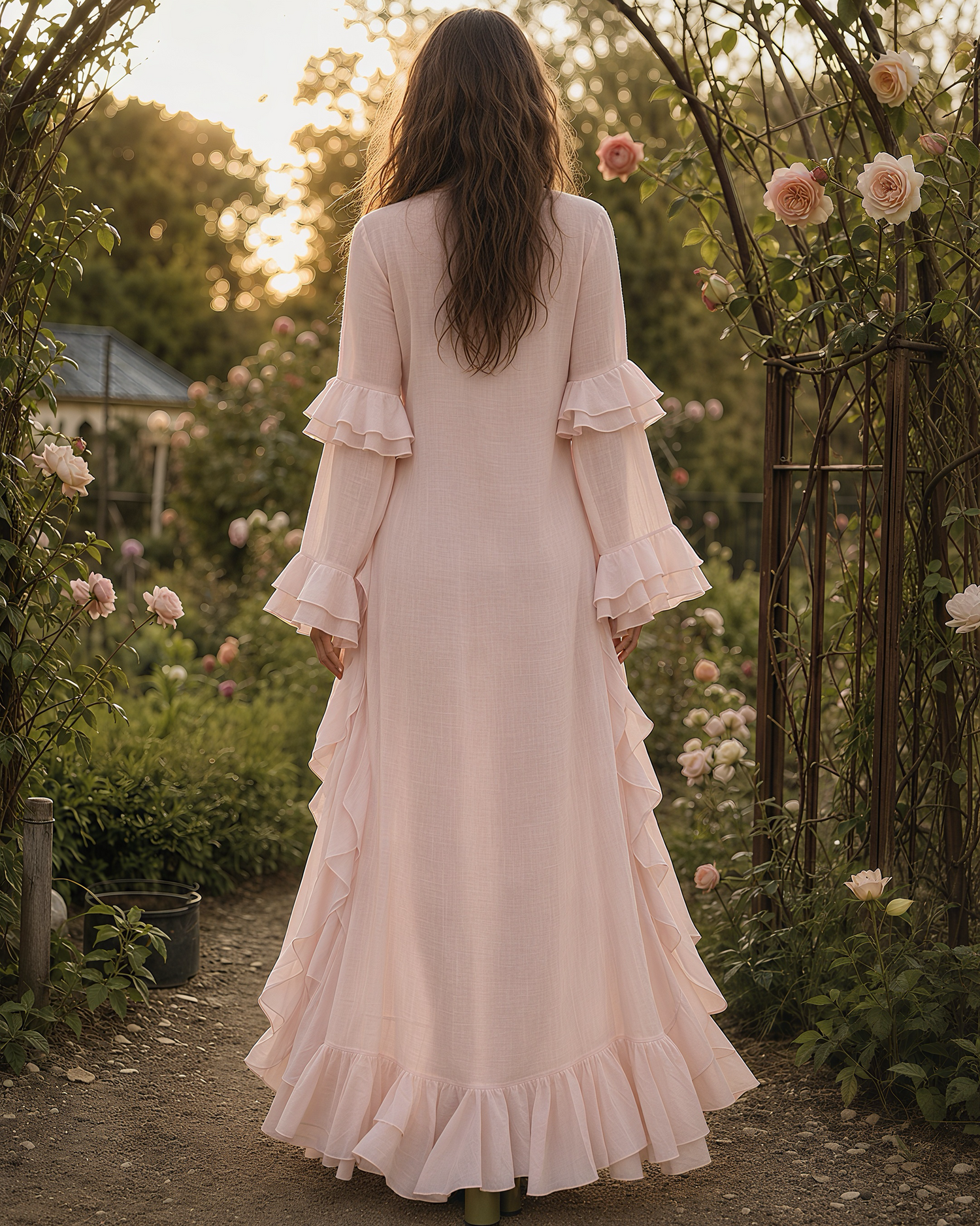 Boho Linen Ruffle V-Neck Bell Sleeve High Slit Maxi Dress MVA000230AA