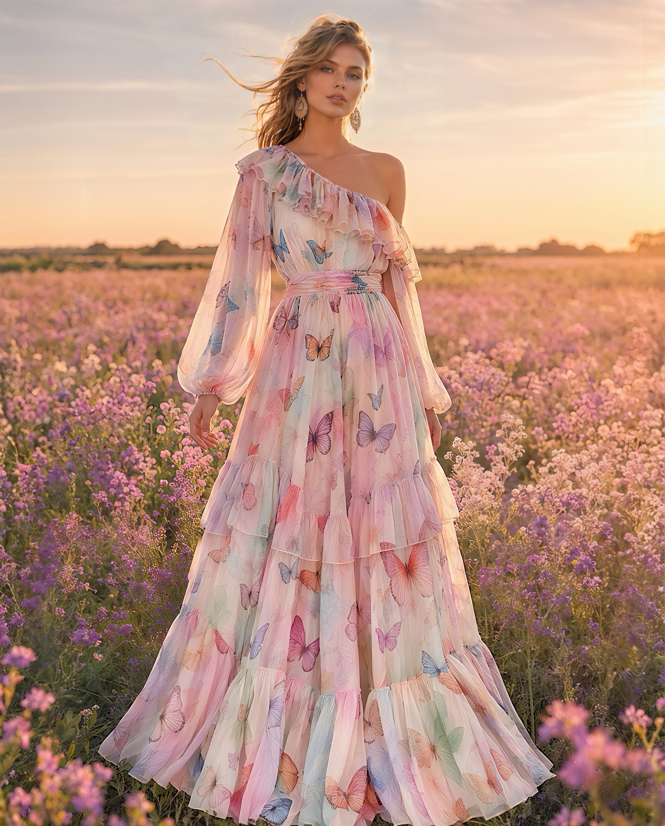 Boho Pastel Butterfly Print One Shoulder Chiffon Tiered Maxi Dress MVA000260AA
