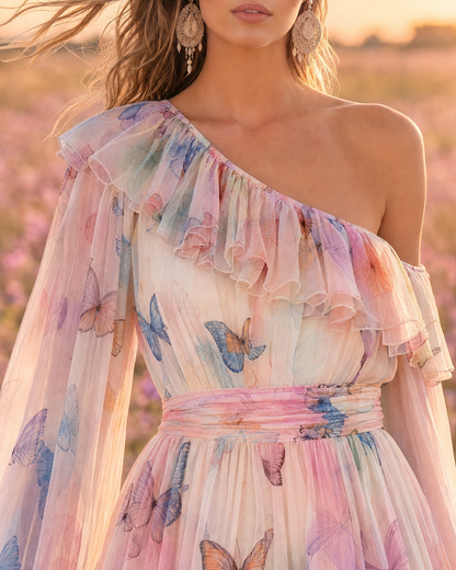 Boho Pastel Butterfly Print One Shoulder Chiffon Tiered Maxi Dress MVA000260AA