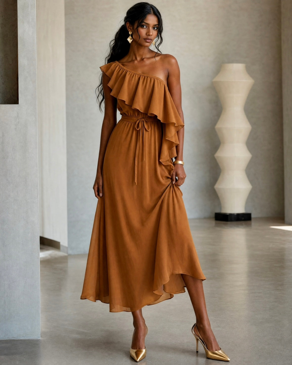 Urban Boho Ruffle One Shoulder Tie Waist Flowy Chiffon Midi Dress MVA000380AA