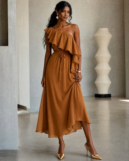 Urban Boho Ruffle One Shoulder Tie Waist Flowy Chiffon Midi Dress MVA000380AA